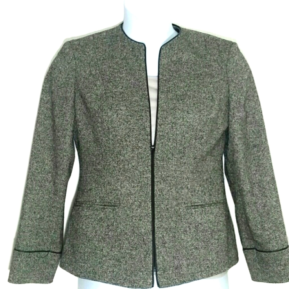 Liz Claiborne Silk Wool Blend Blazer Gray Black Trim Zip Front Pockets Lined 6